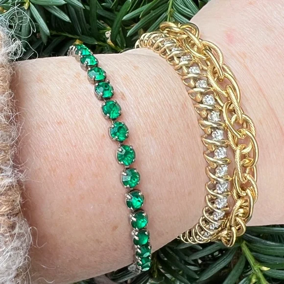 VINTAGE ART DECO STERLING SILVER EMERALD GREEN RHINESTONES TENNIS BRACELET